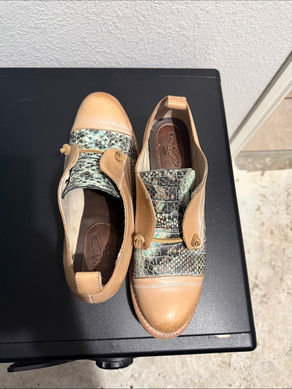 Freebird by Steven Tan Leather Flats with Green Snakeskin Accent